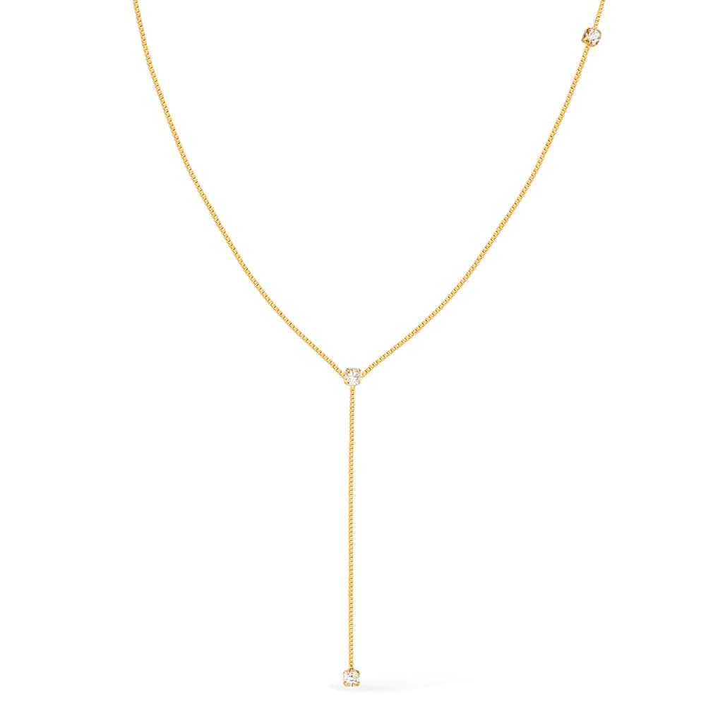 Colar Dourado Gravatinha com Pontos de Luz em Zircônia