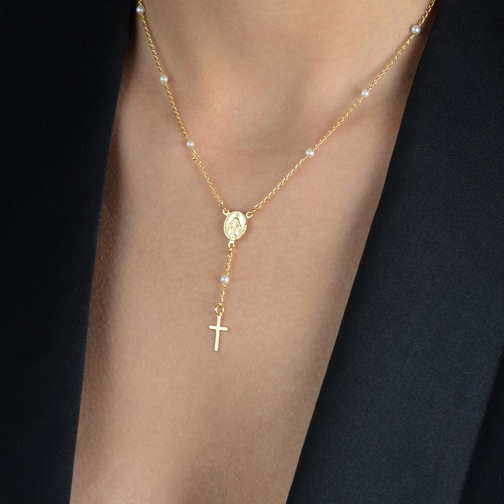 Colar Dourado Religioso Terço Cruz e Pérolas - Galeria